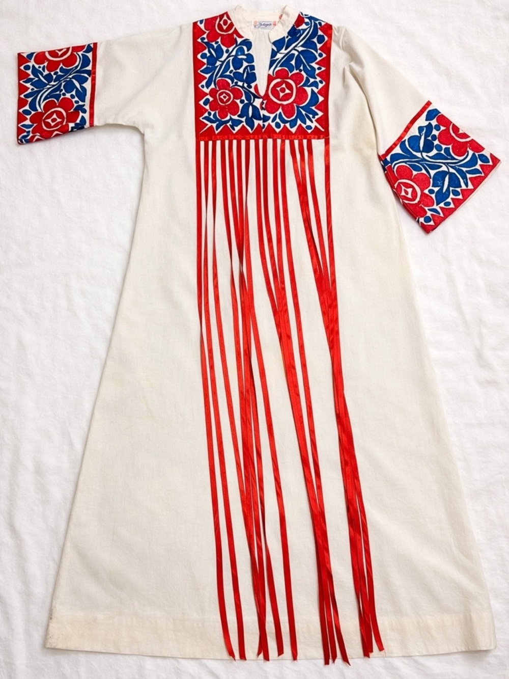 Vintage Mexican Embroidered Caftan Huipil Boho Maxi XL Cotton Dress Resort